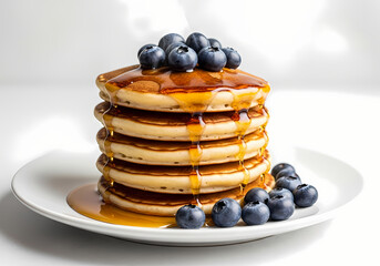 Delicious Stack of Pancakes with Blueberries and Maple Syrup on White Plate