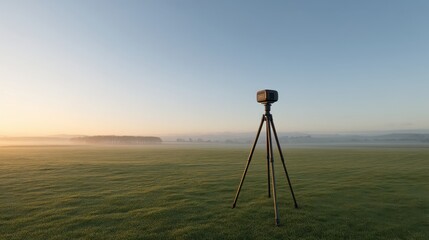 Naklejka premium Peaceful Landscape with Tripod Camera in Early Morning Light Over Foggy Field, Capturing the Serene Beauty of Nature's Awakening