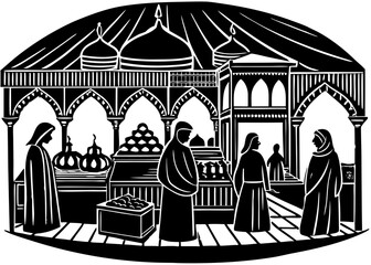 Traditional Islamic Bazaar Silhouette, Cultural Market Scene SVG, PNG