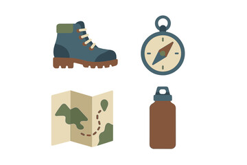 Essential hiking and camping gear icons featuring a sturdy boot, reliable compass, detailed map, and practical water bottle for outdoor adventures