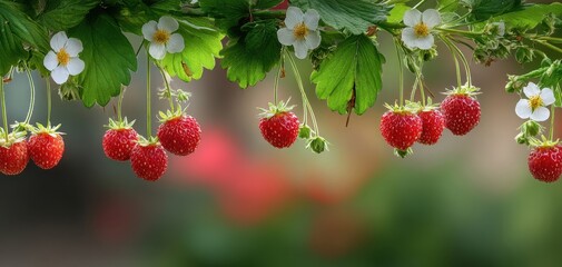 The vibrant strawberries and flowers hanging gracefully in a lush garden setting.