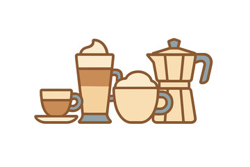 Collection of various coffee beverages including espresso, latte, and cappuccino with a traditional Moka pot