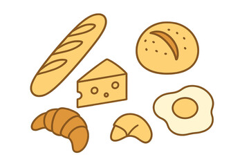 Assortment of breakfast and bakery items: baguette, round bread, croissants, cheese slice, and sunny-side-up egg
