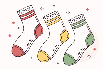 Three colorful socks in minimalist flat vector style with playful details