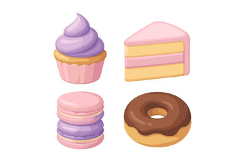 Assortment of sweet pastries and desserts including cupcake, cake slice, macarons, and chocolate donut on white background