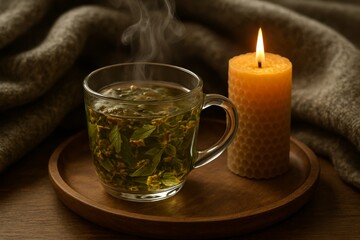 Steaming herbal tea with beeswax candle on a wooden tray—cozy, rustic wellness scene perfect for autumn and winter designs.