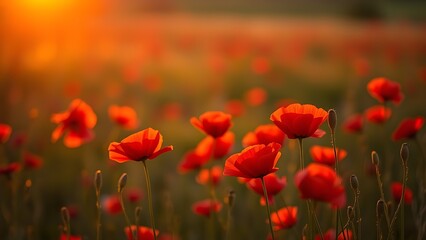 Fototapeta premium Vibrant red poppies glowing under the golden light of a sunset.