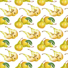 Watercolor seamless pattern with ripe pears. Whole yellow pears, halves and green leaves on a white background. Botanical seamless background with juicy seasonal fruits. For packaging, wallpaper