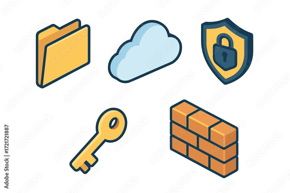 Aufkleber isometric icons representing digital data management, cloud storage, network security, and access co