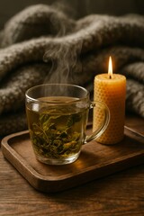 Steaming herbal tea with beeswax candle on a wooden tray—cozy, rustic wellness scene perfect for autumn and winter designs.