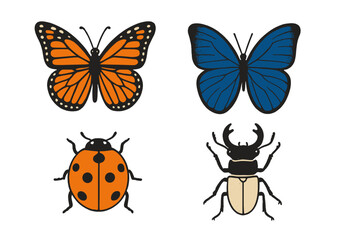 Diverse group of vibrant insects featuring monarch butterfly, blue butterfly, ladybug, and stag beetle on a white background