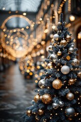 Close-up of a decorated Christmas tree with golden ornaments and lights