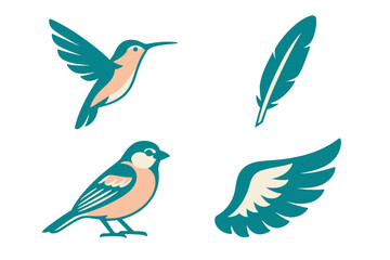 Elegant collection of stylized hummingbird, sparrow, feather, and wing designs, featuring a minimalist aesthetic and a limited color palette, perfect for modern projects