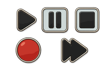Set of modern glossy media player control buttons for audio and video interface design elements and web applications