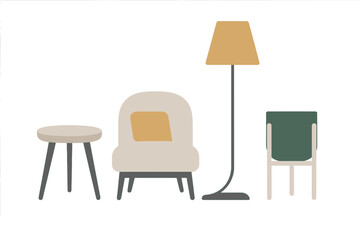 Modern minimalist furniture collection with armchair, table, lamp, and chair for home interior design
