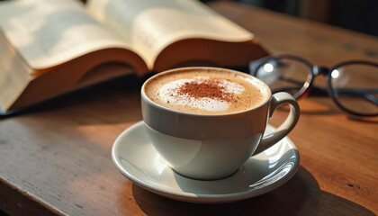 Cozy Coffee Cup on Wooden Table with Open Book and Glasses for Relaxation Blogs, Caf&eacute; Menus, Literature Websites, and Coffee Enthusiast Content