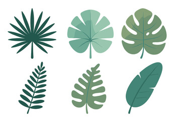 Naklejka premium Diverse stylized tropical leaves in various green shades, botanical elements for nature inspired design and patterns