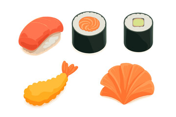Assortment of popular Japanese cuisine dishes including sushi, maki rolls, tempura shrimp, and sashimi slices © Mark