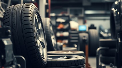 Obraz premium Automotive tire service concept with tools, workshop ambient light.