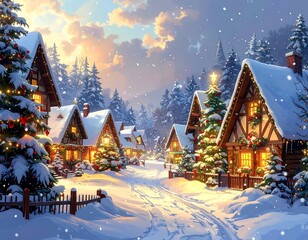 Snowy Christmas village at dusk