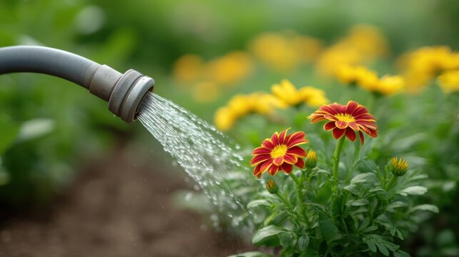 Watering vibrant red and yellow flowers in a lush green garden with a watering hose, capturing the essence of garden care and nature's beauty - Powered by Adobe