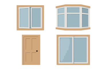 Architectural elements set featuring various house windows including bay, open, and sliding designs with a classic wooden door