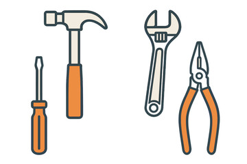 Assortment of common hand tools including hammer, screwdriver, adjustable wrench, and pliers for various repair and construction tasks