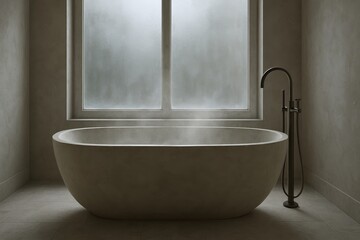 Minimal modern bathroom with a steaming freestanding stone tub and frosted window—calm neutral spa vibe for wellness design.