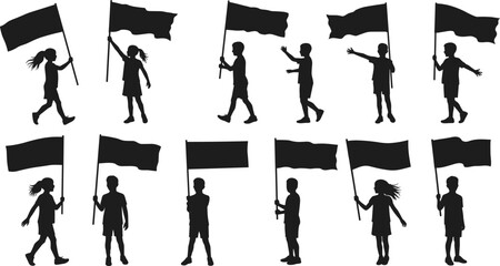 PrintSilhouette of children holding flags, kids marching together in protest, demonstration, parade, unity, freedom, activism, teamwork, outdoor illustration, concept