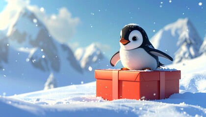 Fun 3D render of little penguin sliding playfully on a Christmas gift box, snowy background with copy space, festive and cheerful holiday illustration.