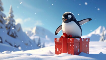 Fun 3D render of little penguin sliding playfully on a Christmas gift box, snowy background with copy space, festive and cheerful holiday illustration.