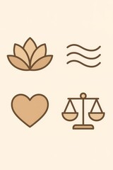 Minimal mindfulness icon set: lotus, waves, heart, and meditating figure with scales—ideal for wellness branding and apps.