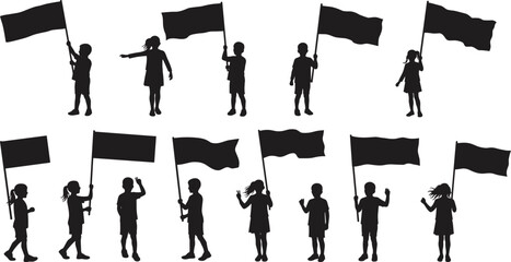 PrintSilhouette of children holding waving flags, kids standing together, protest, demonstration, parade, celebration, teamwork, unity, freedom, activism, outdoor background