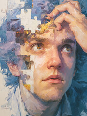 Healing Mind Concept Art – Realistic Portrait with Puzzle Piece Head and Pastel Swirl Background
