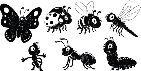 Insect illustration set, butterfly, ladybug, bee, dragonfly, ant, caterpillar, cartoon insect character, entomology, nature, black and white design