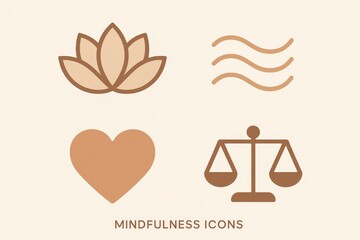 Minimal mindfulness icon set: lotus, waves, heart, and meditating figure with scales—ideal for wellness branding and apps.