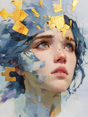 Healing Mind Concept Art – Realistic Portrait with Puzzle Piece Head and Pastel Swirl Background