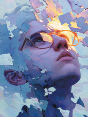 Healing Mind Concept Art – Realistic Portrait with Puzzle Piece Head and Pastel Swirl Background