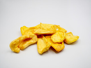 Close-up of golden yellow jackfruit chips with crispy texture on white background. Perfect for tropical fruit, healthy snack, and exotic food photography