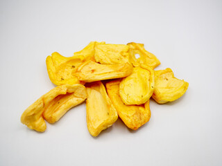 A pile of crunchy jackfruit chips, dried tropical fruit snack with natural golden color. Great for diet food, organic lifestyle, and Asian snack concepts
