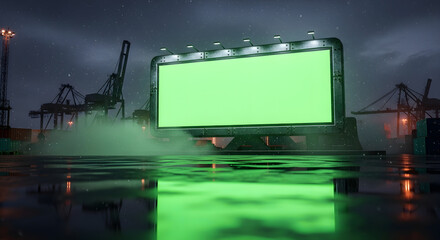 Green screen billboard at night, industrial port setting, reflective water, cranes.