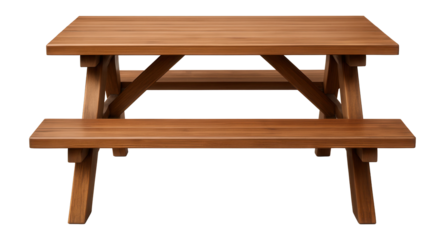 Wooden picnic table on a white background.