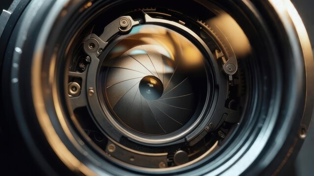 Macro View of Camera Aperture Blades with Golden Light Reflections