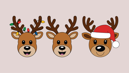 Three cartoon reindeer faces with Christmas lights and Santa hat Keywords: reindeer, cartoon