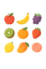 Cute Cartoon Fruit Set – Apple, Banana, Grapes, Kiwi, Orange, Strawberry, Lemon, Mango, Peach