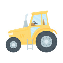 Hand-drawn yellow tractor on a white background. Agricultural machinery. Farm elements.