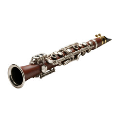 Obraz premium A detailed view of a finely crafted wooden clarinet with intricate silver keys isolated on transparent background