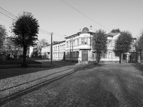 Fototapeta Black and white photo of a quiet cobblestone street lined with pruned trees and historic buildings, including a two-story structure with a dome. Serene, timeless old town scene.