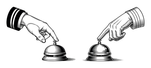 Hand pressing hotel service bell icon , reception desk hospitality customer service vector illustration