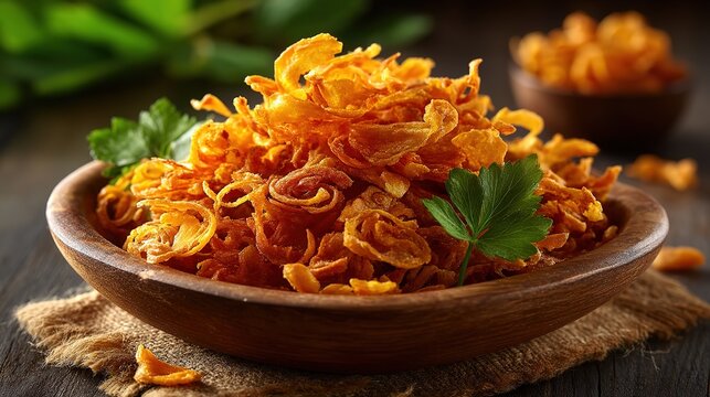 Crispy fried onion strings in rustic wooden bowl with fresh parsley on burlap and dark wood table, shallow depth of field, appetizing food shot